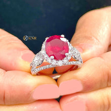 Load image into Gallery viewer, Oval Shape Natural Ruby and Round And Marquee Cut Side Natural Diamonds Halo Engagement Ring 14K Solid White Gold Right Hand Ring 4.50ctw
