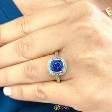 Load image into Gallery viewer, Natural Cushion Cut sapphire and Round Cut Sides Natural Diamonds Engagement Ring Bezel Set In 14k Solid White Gold Wedding Ring 2.50ctw
