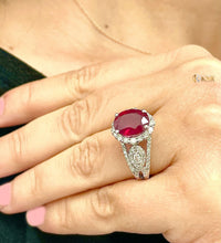 Load image into Gallery viewer, Oval Shape Natural Ruby and Round And Marquee Cut Side Natural Diamonds Halo Engagement Ring 14K Solid White Gold Right Hand Ring 4.50ctw
