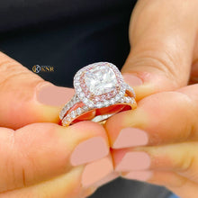 Load image into Gallery viewer, Cushion Cut Moissanite And Round Cut Sides Cvd Diamond Engagement Ring And Matching Band 14k Solid White And Rose Gold Double Halo 2.60
