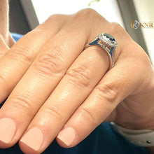 Load image into Gallery viewer, Cushion Cut Simulated Sapphire and Round Cut Sides CVD Diamonds Engagement Ring Bezel Set Set In 14k Solid White Gold Sapphire Ring 2.50ctw
