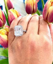 Load image into Gallery viewer, Huge Radiant Cut Moissanite and Round Cut Sides Engagement Ring Halo Prong Set Wedding Ring Halo Bridal Ring 14K Solid White Gold 10.70ctw
