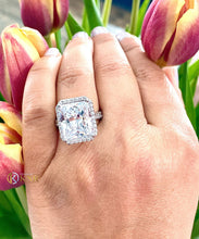 Load image into Gallery viewer, Huge Radiant Cut Moissanite and Round Cut Sides Engagement Ring Halo Prong Set Wedding Ring Halo Bridal Ring 14K Solid White Gold 10.70ctw
