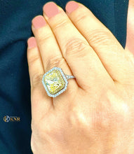 Load image into Gallery viewer, Light Fancy Yellow Radiant Simulated And Round Cut Cvd Diamond Engagement Ring Set In 14k Solid White And Yellow Gold Double Halo 6.00ctw
