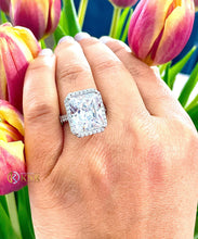 Load image into Gallery viewer, Huge Radiant Cut Moissanite and Round Cut Sides Engagement Ring Halo Prong Set Wedding Ring Halo Bridal Ring 14K Solid White Gold 10.70ctw
