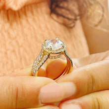 Load image into Gallery viewer, Round Cut Moissanite and Cvd Side Diamond Engagement Ring Halo Style Triple shank style 14k Solid Yellow Gold Bridal Wedding Ring 3.80ct
