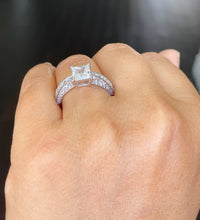 Load image into Gallery viewer, Princess Cut Moissanite And Round Cut Sides Engagement Ring Three Sided Style Bridal Ring 14K Solid White Gold Wedding Ring For Her 2.40ctw
