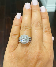 Load image into Gallery viewer, Cushion Cut Moissanite and Round Cut CVD Diamond Engagement Ring And Two Matching Bands, Bezel Set 14k Solid White Solid Gold 4.00ctw
