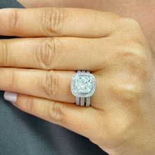 Load image into Gallery viewer, Cushion And Round Cut Diamond Engagement Ring And Two Bands IGI Certified 14k White Solid Gold Wedding Set Bezel Style Bridal Set 4.00ctw
