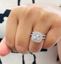 Load image into Gallery viewer, Cushion Cut And Round Cut Sides Diamond Engagement Ring And Band Double Halo Bridal Wedding Set IGI Certified 14k Solid White Gold 1.85ctw
