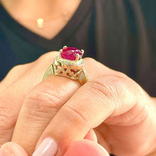 Load image into Gallery viewer, Oval Cut Ruby And Round Cut Sides Natural Diamond Ring 14k Solid Yellow Gold Antique Design Ring Bridal Ring Halo Anniversary Ring 6.00ctw
