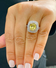 Load image into Gallery viewer, Fancy Yellow Cushion Cut Simulated Diamonds And Round Cut Cvd Diamond Engagement Ring Double Halo Style Bidal Ring 14k Solid White Gold 4.20

