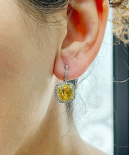 Load image into Gallery viewer, Round Cut Natural Yellow Citrine And Natural Diamonds Dangling Earrings Set In 14K Solid White And Yellow Gold Double Halo Eearrings 4.80ctw
