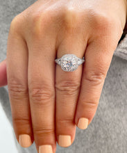 Load image into Gallery viewer, Round Cut Moissanite And Cvd Round And Baguettes Diamonds Engagement Ring 14k Solid Heavy White Gold Bridal Halo Antique Style 2.70ctw
