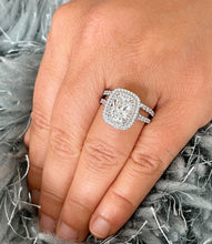Load image into Gallery viewer, GIA Certified Natural Cushion Cut And Round Cut Diamond Engagement Ring And Matching Band 14k Solid White Gold Double Halo Bridal Set 2.15ct
