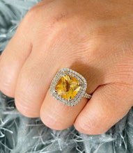 Load image into Gallery viewer, Cushion Cut Natural Yellow Citrine and Round Cut Sides Diamond Ring Set 14K Solid Yellow Gold Split Band Style double halo Design 4.80cts
