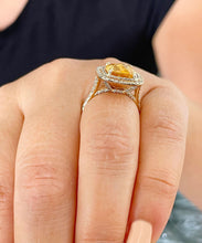 Load image into Gallery viewer, Cushion Cut Natural Yellow Citrine and Round Cut Sides Diamond Ring Set 14K Solid Yellow Gold Split Band Style double halo Design 4.80cts
