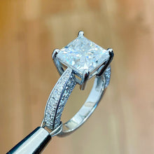 Load image into Gallery viewer, Princess Cut Moissanite And Round Cut Cvd Diamond Engagement Ring 14k Solid And Heavy White Gold Wedding Bridal Ring Filigree Style 3.75ctw
