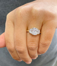 Load image into Gallery viewer, Cushion Cut Center And Half Moon Shape Sides Diamond Engagement Ring IGI Certified 14k Solid Yellow Gold Three Stone Style 2.80ctw F-VS2
