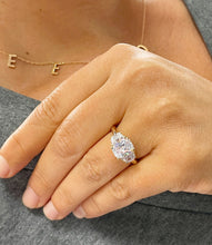 Load image into Gallery viewer, Cushion Cut Center And Half Moon Shape Sides Diamond Engagement Ring IGI Certified 14k Solid Yellow Gold Three Stone Style 2.80ctw F-VS2
