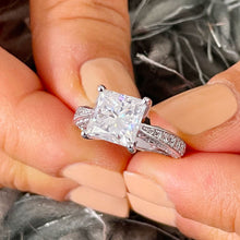 Load image into Gallery viewer, Princess Cut Moissanite And Round Cut Cvd Diamond Engagement Ring 14k Solid And Heavy White Gold Wedding Bridal Ring Filigree Style 3.75ctw
