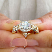 Load image into Gallery viewer, Round Cut Diamond Engagement Ring Halo Style Prong Set Wedding Ring IGI Certified 14k Solid Yellow Gold Braided Twisted Shank Ring 1.60ctw
