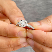 Load image into Gallery viewer, Round Cut Moissanite and Natural Round Cut Sides Diamonds Engagement Ring Halo Style 14k Solid White Gold Filigree Wedding Bridal Set 1.40ct

