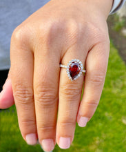 Load image into Gallery viewer, Natural Garnet Pear Shape And Round Cut CVD Diamonds Engagement Ring Set In 14K Solid Yellow Gold Halo Right Hand Anniversary Ring 3.80ctw
