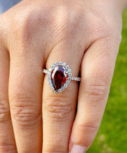 Load image into Gallery viewer, Natural Garnet Pear Shape And Round Cut CVD Diamonds Engagement Ring Set In 14K Solid Yellow Gold Halo Right Hand Anniversary Ring 3.80ctw
