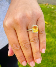 Load image into Gallery viewer, Natural Cushion Cut Yellow Citrine And Natural Yellow Sapphire Sides Engagement Ring Prong Set Halo Style Ring 14K Solid Yellow Gold 4.75ctw

