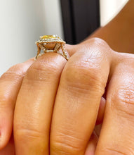 Load image into Gallery viewer, Cushion Cut Simulated Fancy Yellow And Round Cut Sides Cvd Diamond Engagement Ring 14k White Gold Double Halo Bridal Wedding Ring 5.00ct
