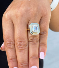 Load image into Gallery viewer, Emerald Cut Moissanite Ring Solitaire Set In 14K Solid And Heavy Yellow Gold Bezel Set Wedding Ring Double Halo Style Bridal Ring 3.50ct

