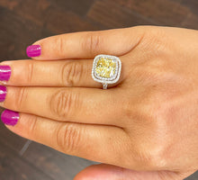 Load image into Gallery viewer, Cushion Cut Fancy Yellow Center And Round Cut Sides Cvd Diamond Engagement Ring Double Halo Bridal Wedding Ring 14k Solid White Gold 5.00ctw
