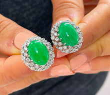 Load image into Gallery viewer, Oval Shape Jade And Round Cut Sides Diamond Deco Halo Style Stud Earrings Wedding Earrings Anniversary Bridal Earrings 14k White Gold 8.70ct
