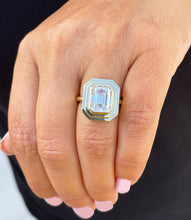 Load image into Gallery viewer, Emerald Cut Moissanite Ring Solitaire Set In 14K Solid And Heavy Yellow Gold Bezel Set Wedding Ring Double Halo Style Bridal Ring 3.50ct
