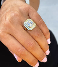 Load image into Gallery viewer, Emerald Cut Moissanite Ring Solitaire Set In 14K Solid And Heavy Yellow Gold Bezel Set Wedding Ring Double Halo Style Bridal Ring 3.50ct
