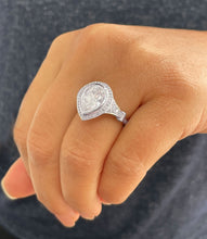 Load image into Gallery viewer, IGI Certified Pear Shape And Round Cut Sides Diamonds Engagement Ring Bezel Set Wedding Ring Filigree Antique 14K White Gold 4.25ctw G-VS2
