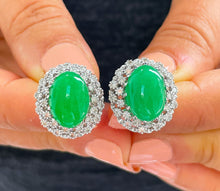 Load image into Gallery viewer, Oval Shape Jade And Round Cut Sides Diamond Deco Halo Style Stud Earrings Wedding Earrings Anniversary Bridal Earrings 14k White Gold 8.70ct

