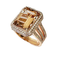 Load image into Gallery viewer, Emerald Cut Morganite And Natural Round Cut Diamond Engagement Ring Halo Style Right Hand Ring 14k Solid Rose Gold Bridal Wedding Ring 8.40
