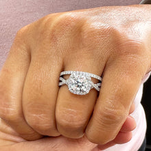Load image into Gallery viewer, Cushion Cut Moissanite and Round Cut Sides Engagement Ring And Matching Band Set In 14k Solid White Gold Halo Style Wedding Bridal Set 3.00
