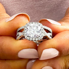Load image into Gallery viewer, Cushion Cut Moissanite and Round Cut Cvd Diamond Engagement Ring And Matching Band 14k Solid White Gold Halo Wedding Bridal Set 3.00ctw
