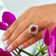 Load image into Gallery viewer, Stunning 14k Solid Yellow Gold Cushion Ruby And Baguettes And Marquise Cut Natural Diamond Ballerina design Ring 7.50ctw
