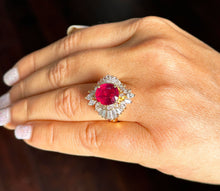 Load image into Gallery viewer, Stunning 14k Solid Yellow Gold Cushion Ruby And Baguettes And Marquise Cut Natural Diamond Ballerina design Ring 7.50ctw
