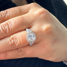 Load image into Gallery viewer, Cushion Cut Moissanite and Round Cut Sides Bezel Set Engagement Ring 14k Solid White And Rose Gold Halo Filigree Design Bridal Ring 3.40ctw
