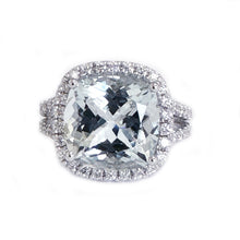 Load image into Gallery viewer, Cushion Cut Natural Aquamarine And Natural Diamonds Engagement Ring Halo Style Wedding Bridal Ring 14k Solid White Gold Right Hand Ring 4.70
