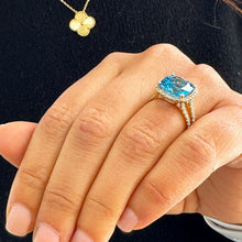 Load image into Gallery viewer, Cushion Cut Blue Topaz And Natural Round Cut Sides Diamonds Engagement Ring 14K Solid Yellow Gold Wedding Anniversary Ring Halo Bridal 4.70
