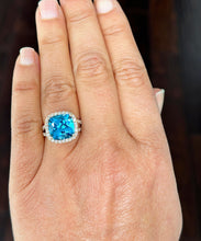 Load image into Gallery viewer, Cushion Cut Blue Topaz And Natural Round Cut Sides Diamonds Engagement Ring 14K Solid Yellow Gold Wedding Anniversary Ring Halo Bridal 4.70
