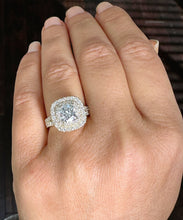 Load image into Gallery viewer, Cushion Cut Moissanite And Round Cut Sides Cvd Diamonds Engagement Ring Double Halo 14K Solid Yellow Gold Wedding Ring Split Shanks 2.80ctw
