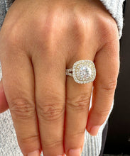 Load image into Gallery viewer, Cushion Cut Moissanite And Round Cut Sides Cvd Diamonds Engagement Ring Double Halo 14K Solid Yellow Gold Wedding Ring Split Shanks 2.80ctw
