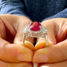Load image into Gallery viewer, 14K Solid White Gold Oval Shape Ruby and Round And Half Moon Cut Natural Diamonds Engagement Ring Halo Prong Set 5.00ctw
